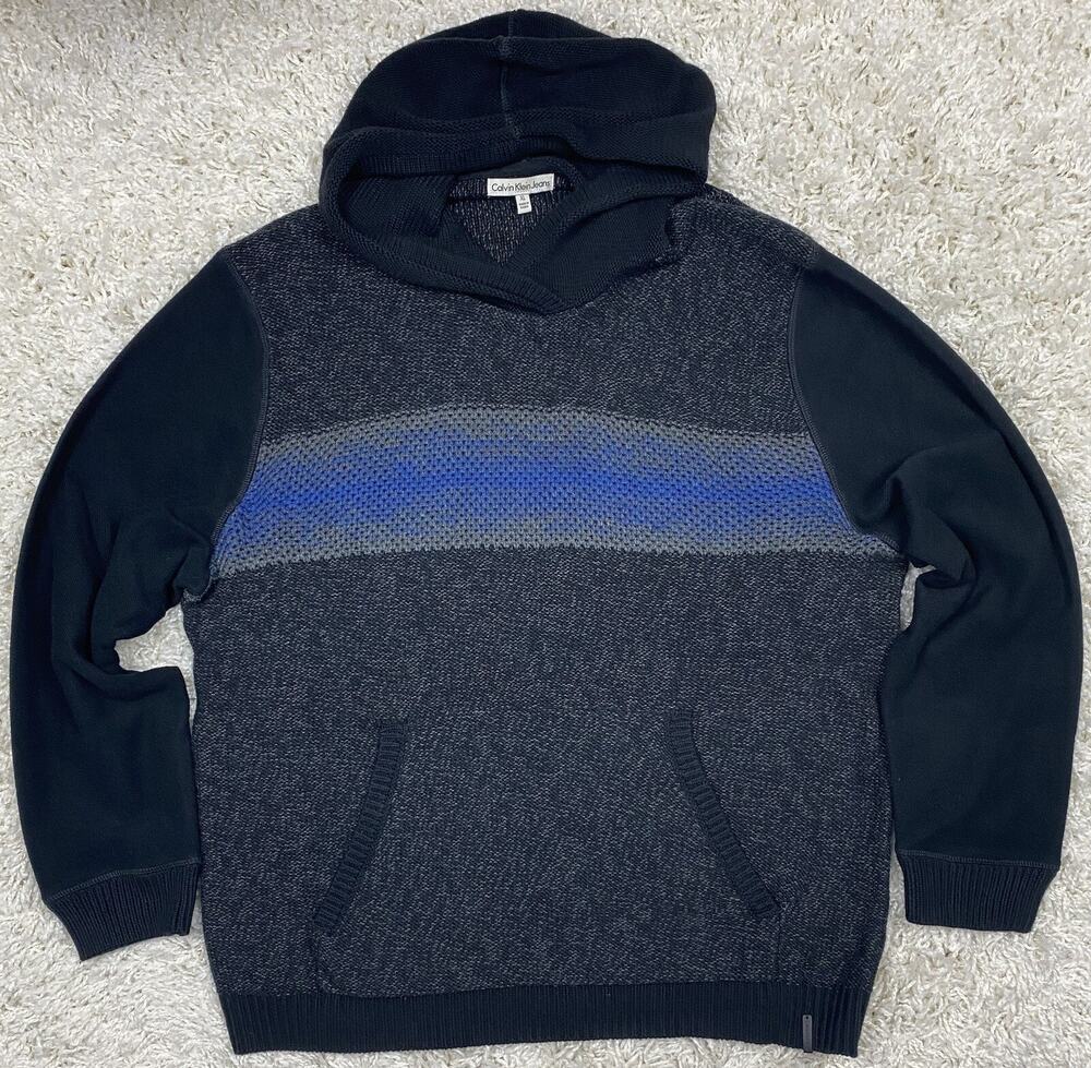 Calvin Klein Jeans Hooded Sweater Men's XL Gray Navy Marled Knit Colorblock